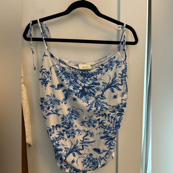 Anthropologie Maeve Blue & White Shirred Tie-Shoulder Tank - Picture 3 of 5